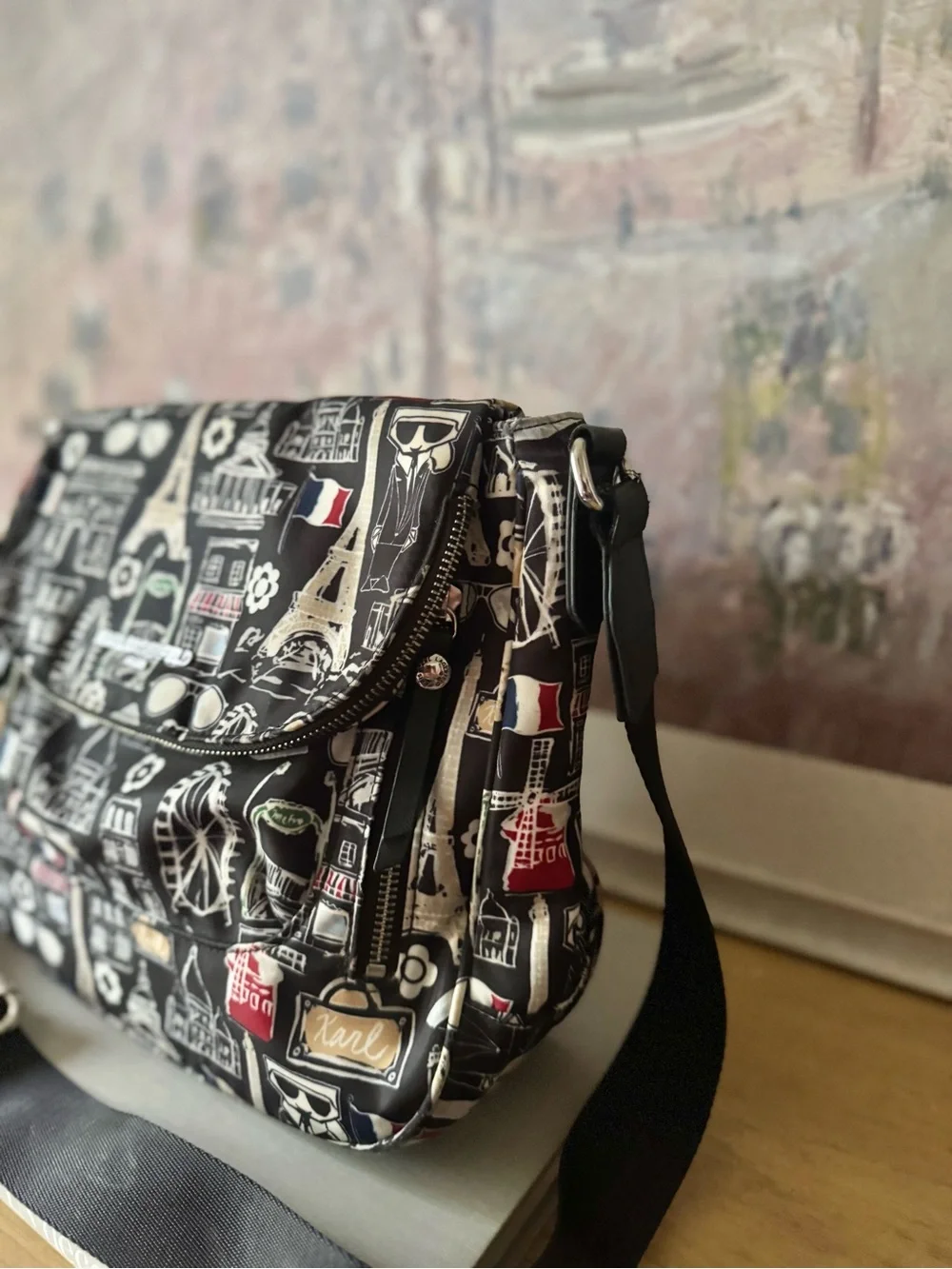 RARE Karl Lagerfeld Black Paris Print Crossbody Bag